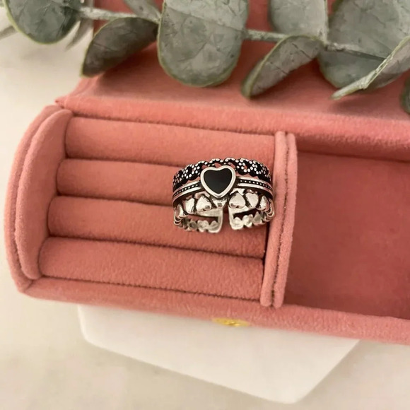 925 Sterling Silver Black Heart Minimalist Ring Vintage Boho Stackable Ring Band - Picture 4 of 7